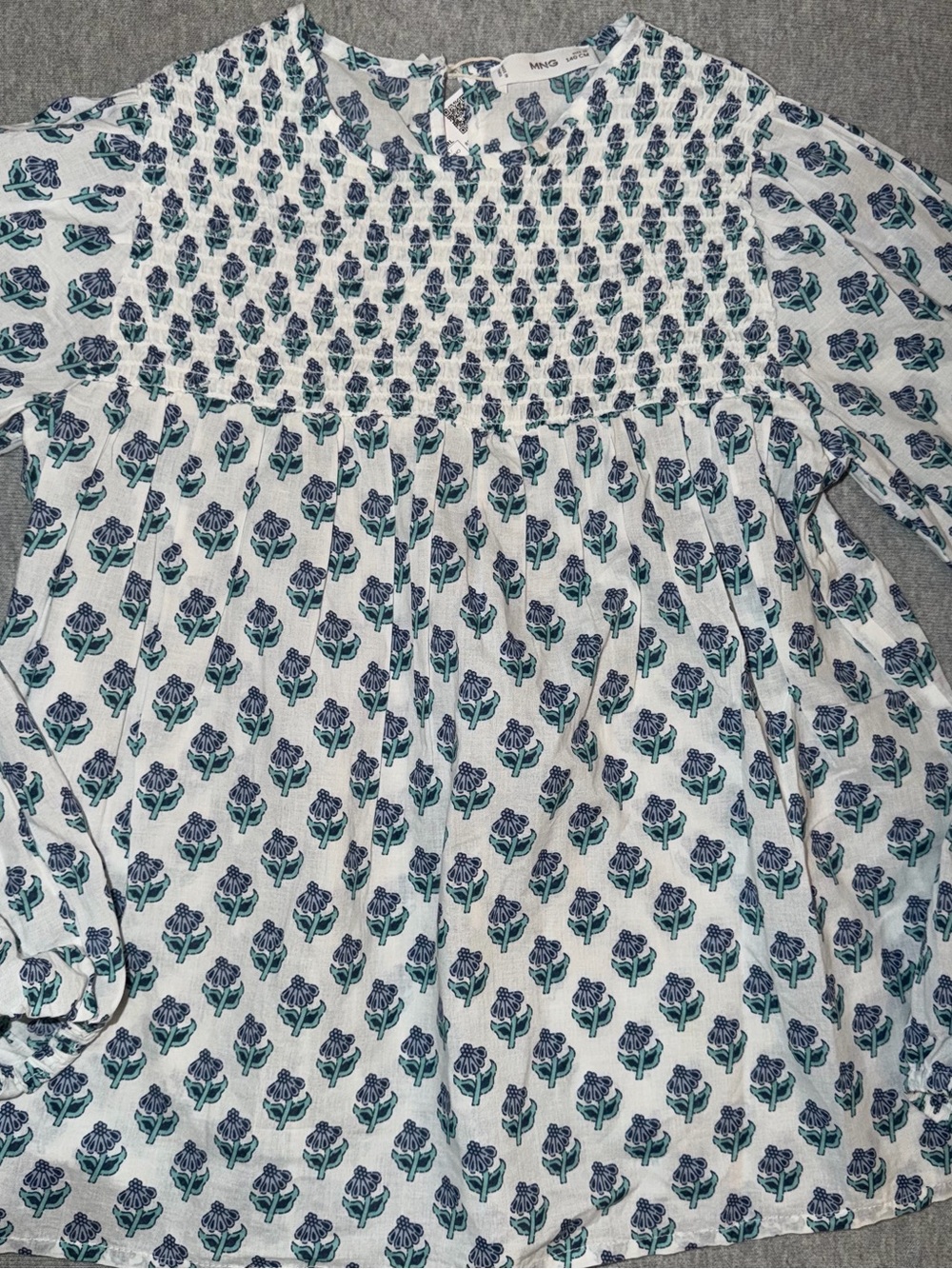 Mango Girls White Top with Blue and Teal Floral Print